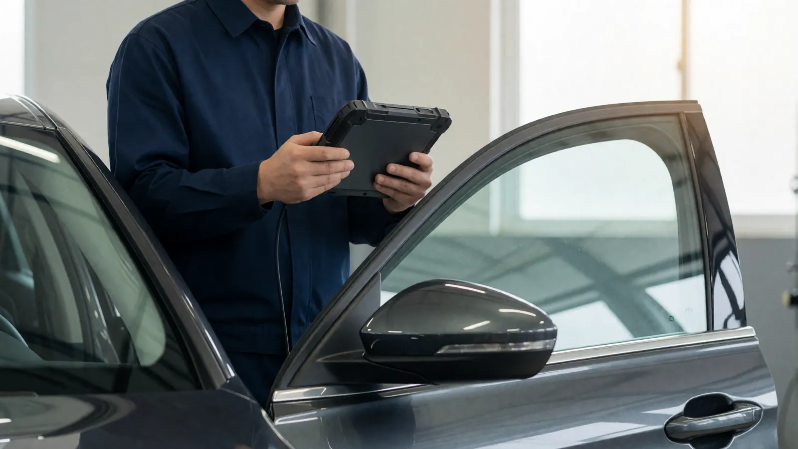 A technician inspecting a car at Woodside Car Service in Woodside, Queens