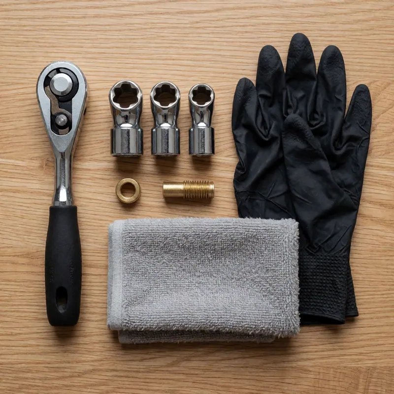 Workshop tools laid out on the bench at the start of a shift