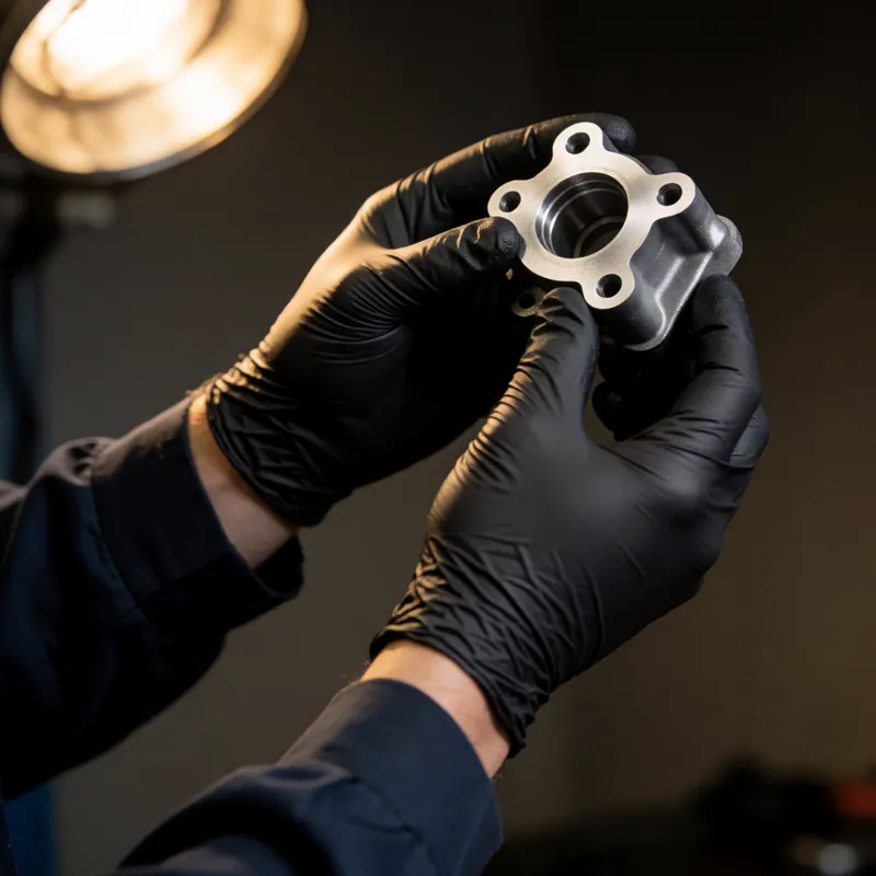A technician inspecting a component before it goes on the car