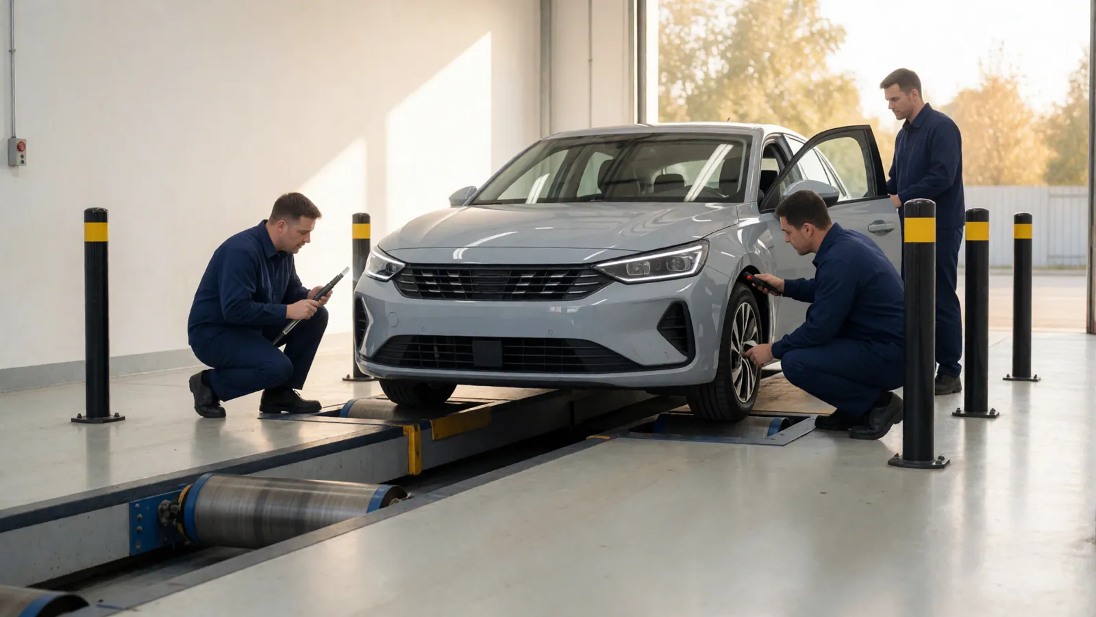 A car on a lift during a documented inspection at Woodside Car Service, Woodside, NY