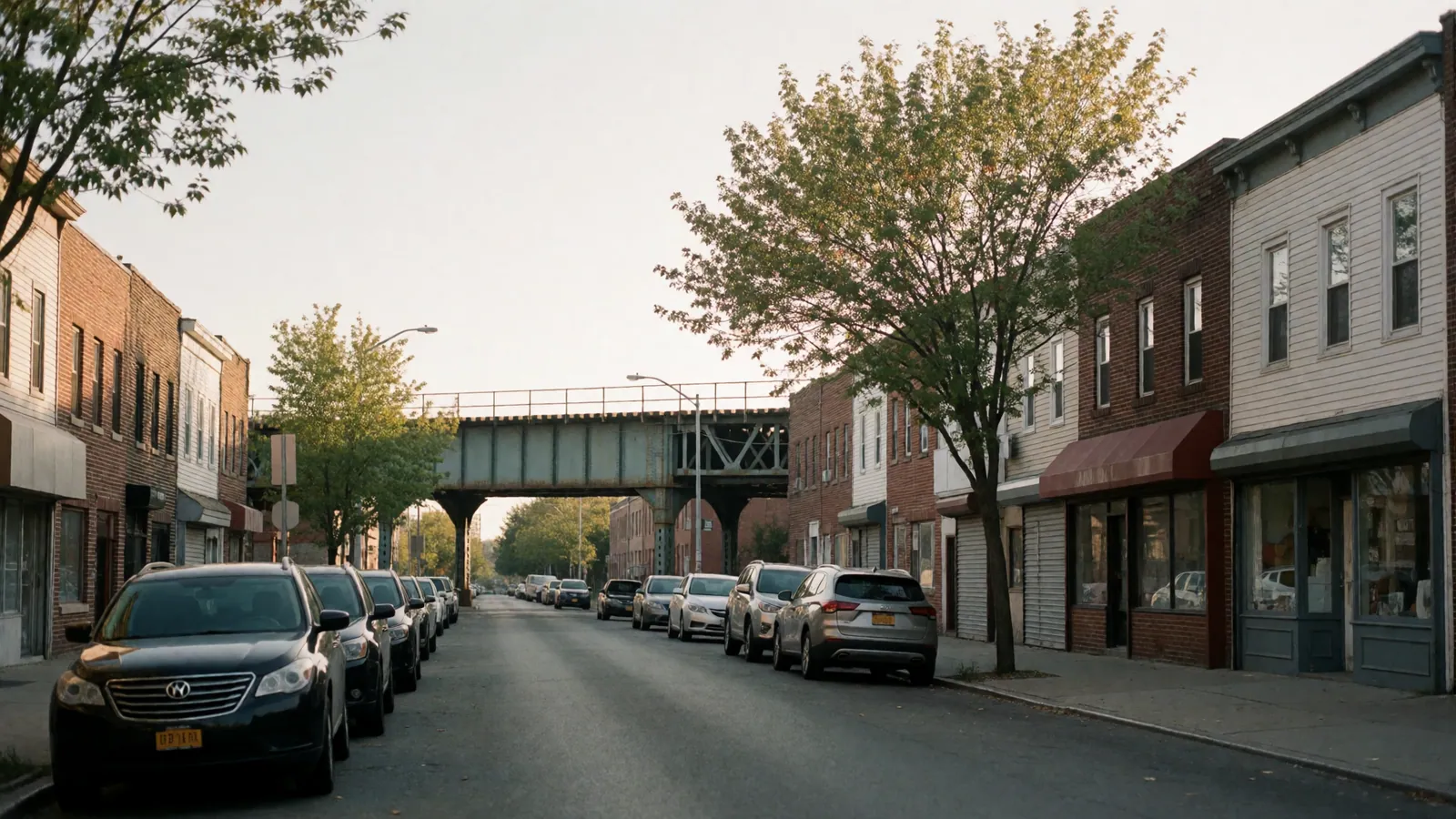 A residential street of brick rowhouses in Woodside, Queens, New York